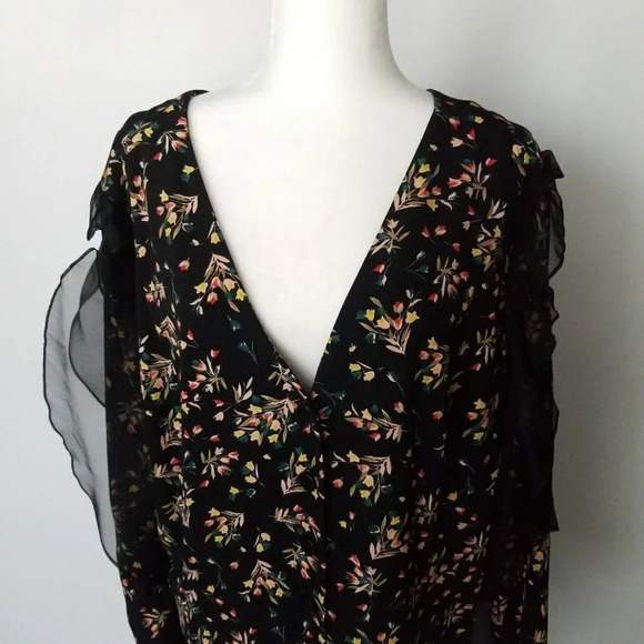 Second Sight Women Black Floral Casual Short Dress Long Sleeve Ruffles Size 7 - Picture 3 of 9